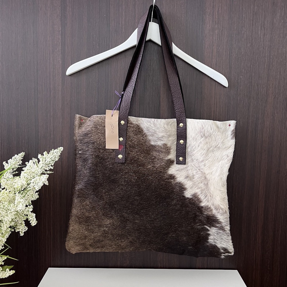 Handmade Cow Hide Leather Tote Bag Purse - 17.5" x 15"